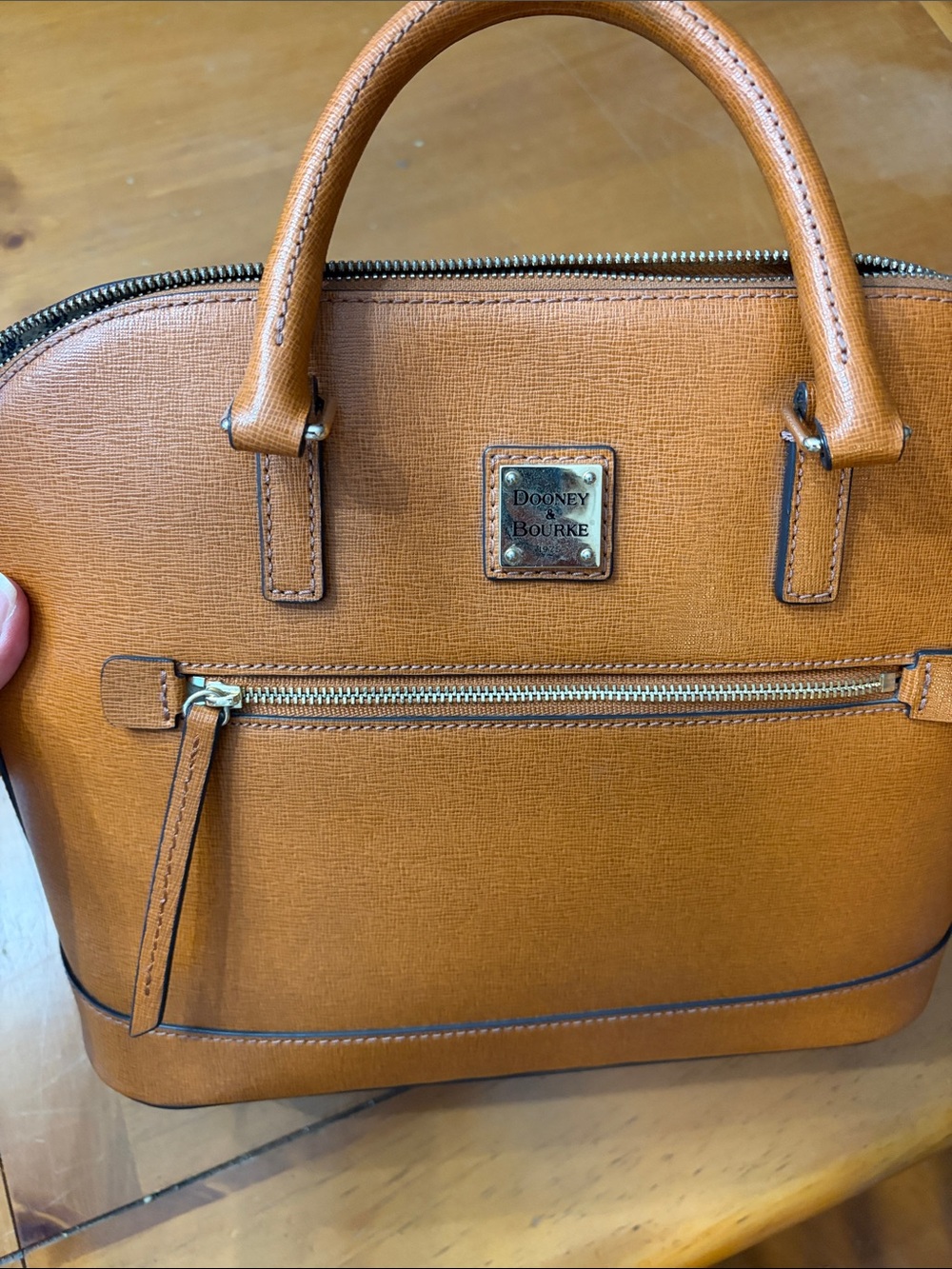 Dooney & Bourke Tan Satchel with Blue-Striped Lining